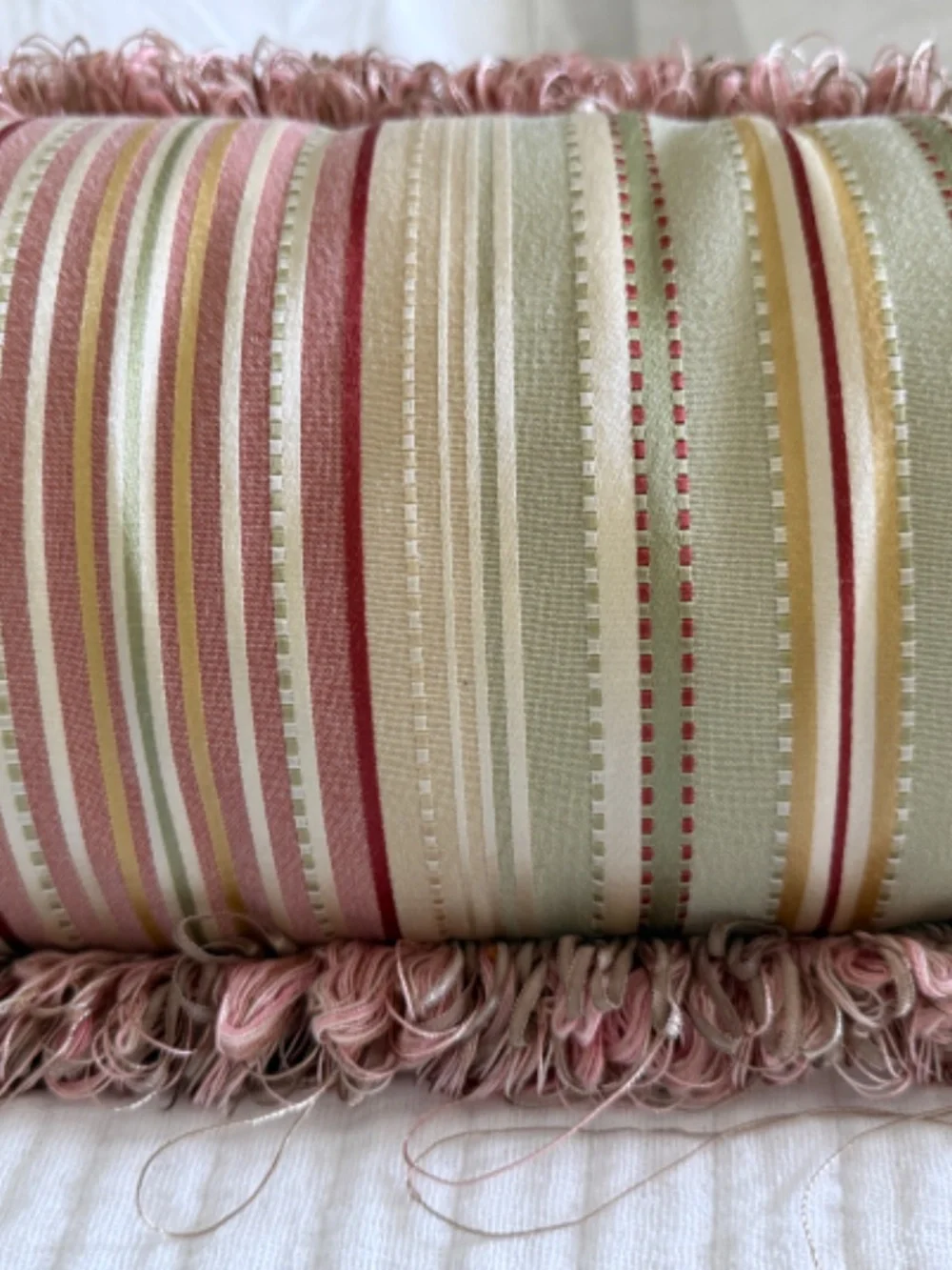 Striped Pink and Green Fringe Trimmed Bolster Pillow